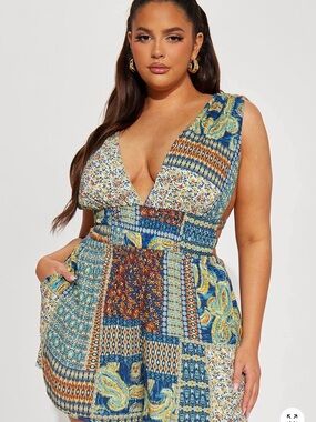Fashion Nova Teal & Navy Patchwork Print Plunging Romper